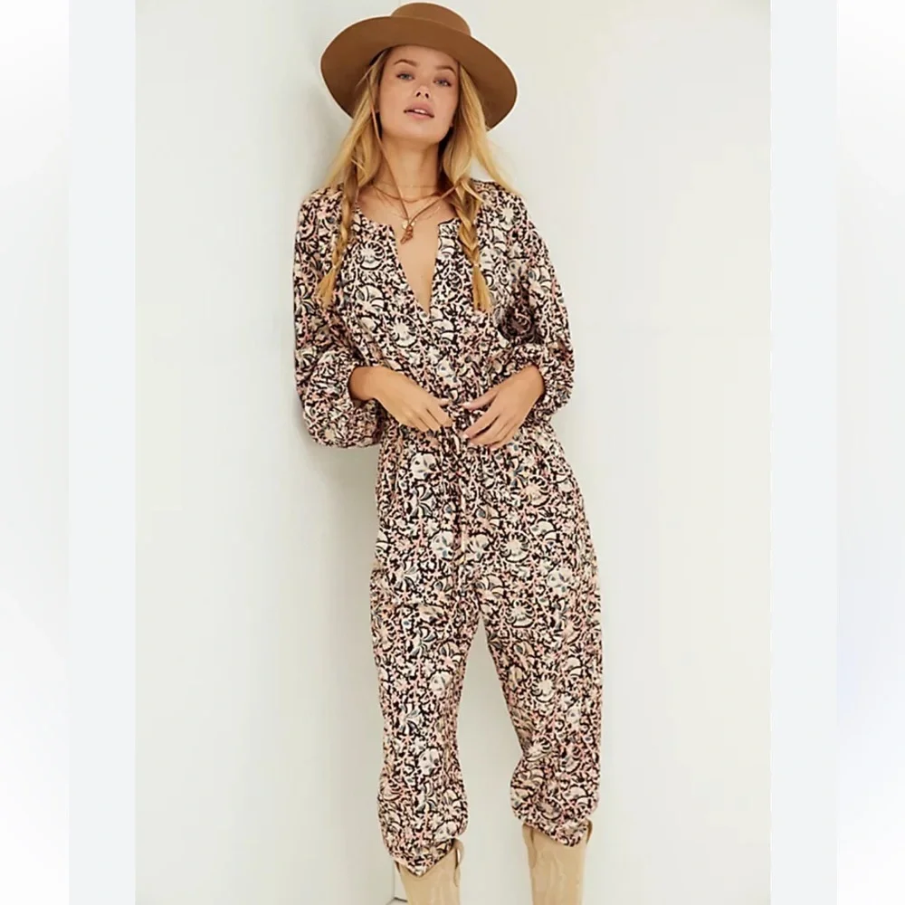 Free People Black and Cream Floral Jumpsuit coveralls I got a feeling